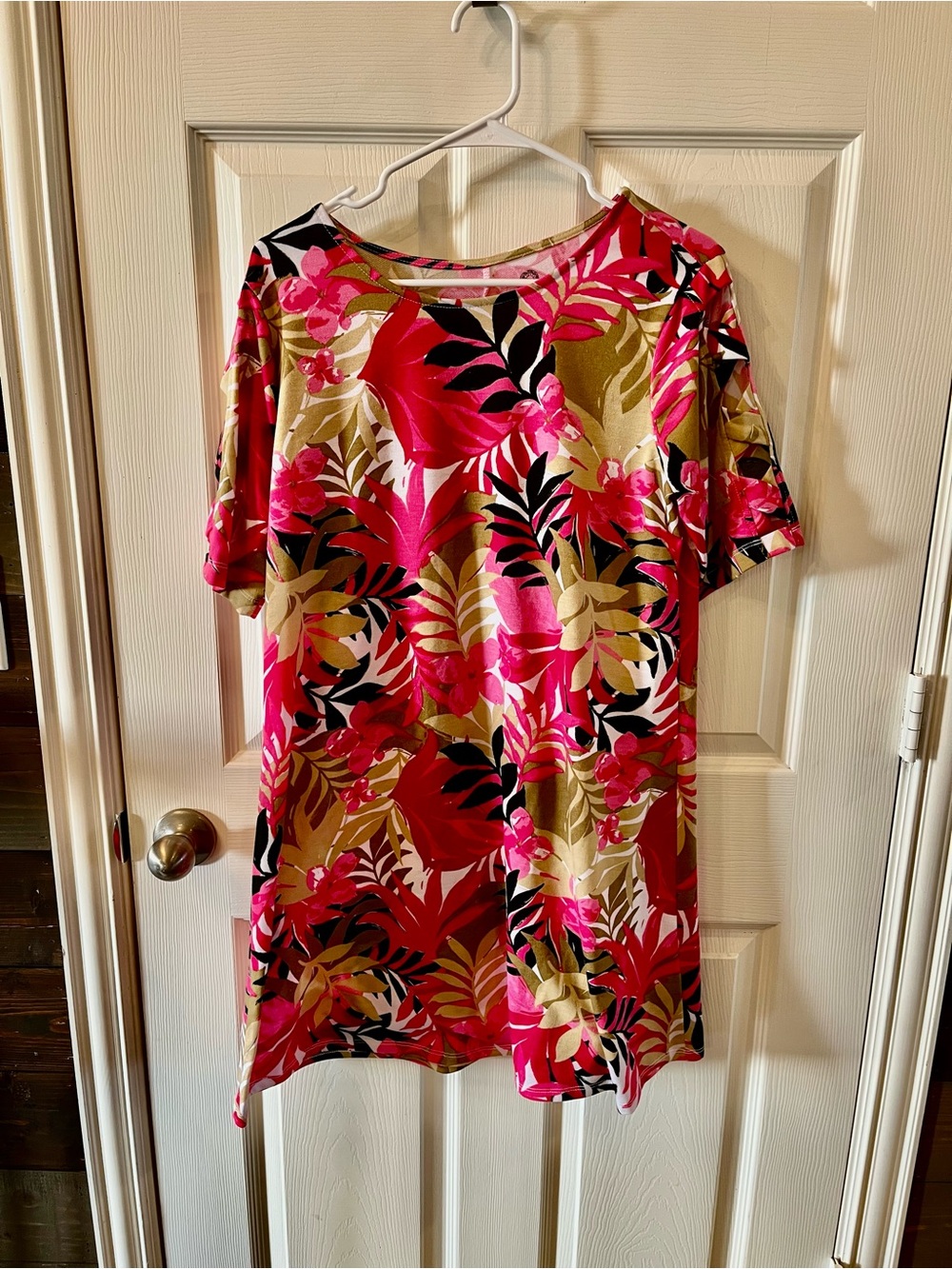Ruby Rd Women’s Pink Tropical Print Short-Sleeve Dress, Medium